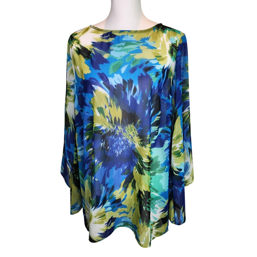 Susan Graver Sheer Floral Tunic Blouse Blue Green Bell Sleeve Boho Romantic M